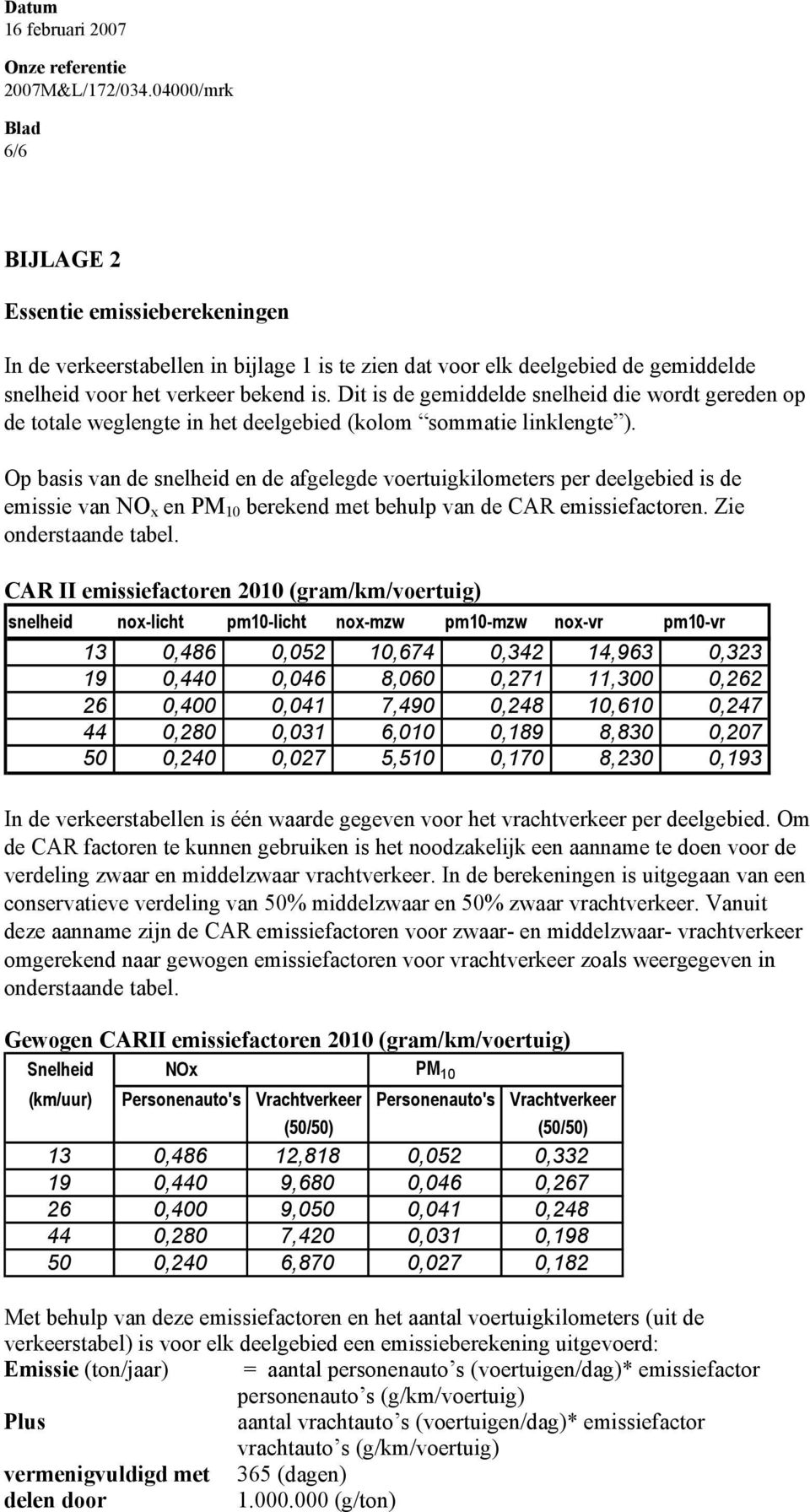 Op basis van de snelheid en de afgelegde voertuigkilometers per deelgebied is de emissie van NO x en PM 10 berekend met behulp van de CAR emissiefactoren. Zie onderstaande tabel.