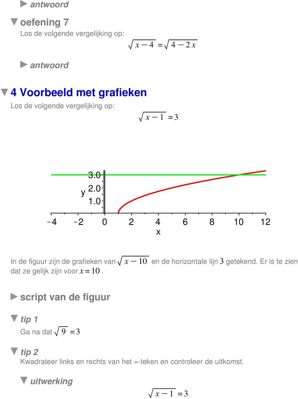 3 getekend. Er is te zien dat ze gelijk zijn voor x =10.