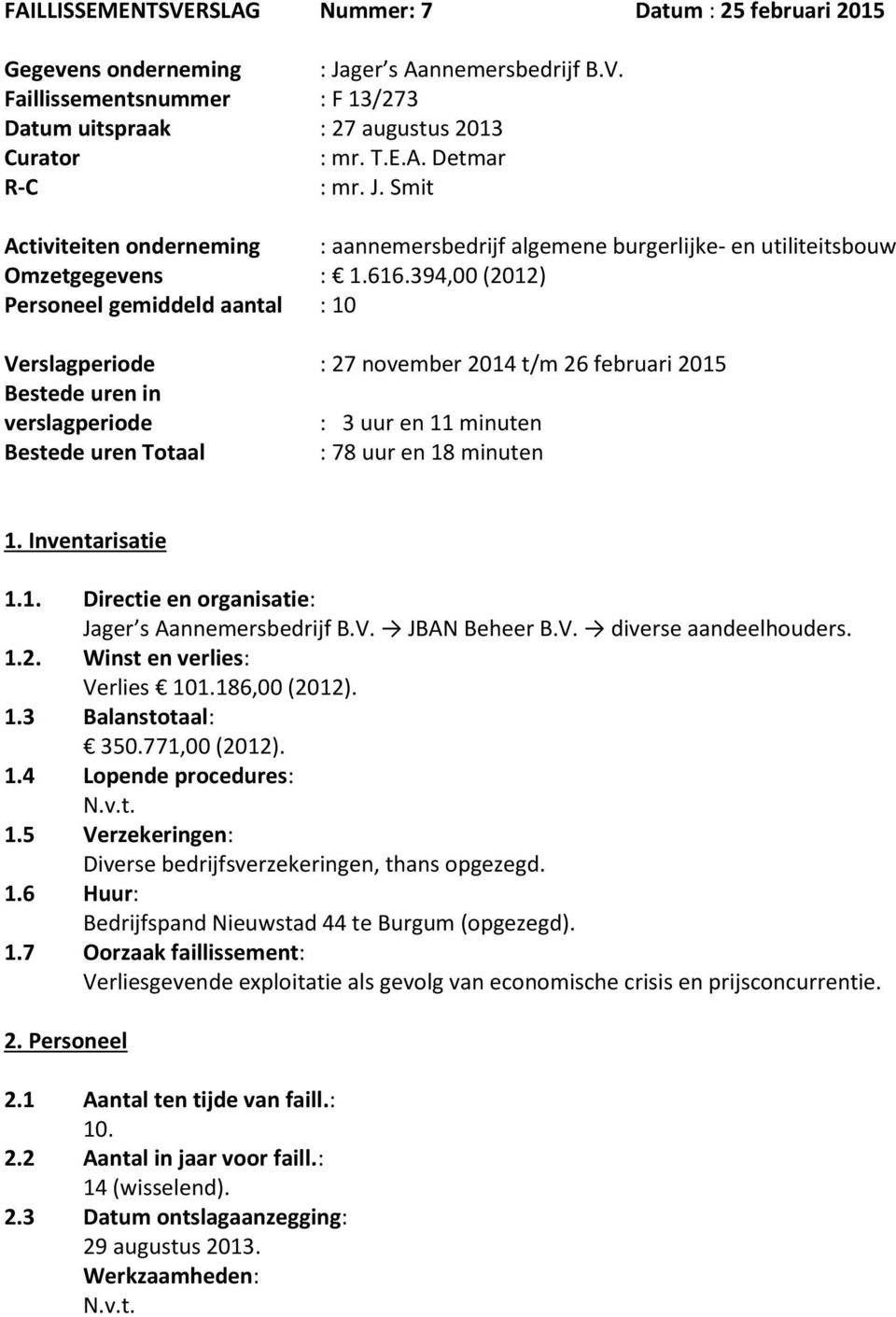 394,00 (2012) Personeel gemiddeld aantal : 10 Verslagperiode : 27 november 2014 t/m 26 februari 2015 Bestede uren in verslagperiode : 3 uur en 11 minuten Bestede uren Totaal : 78 uur en 18 minuten 1.