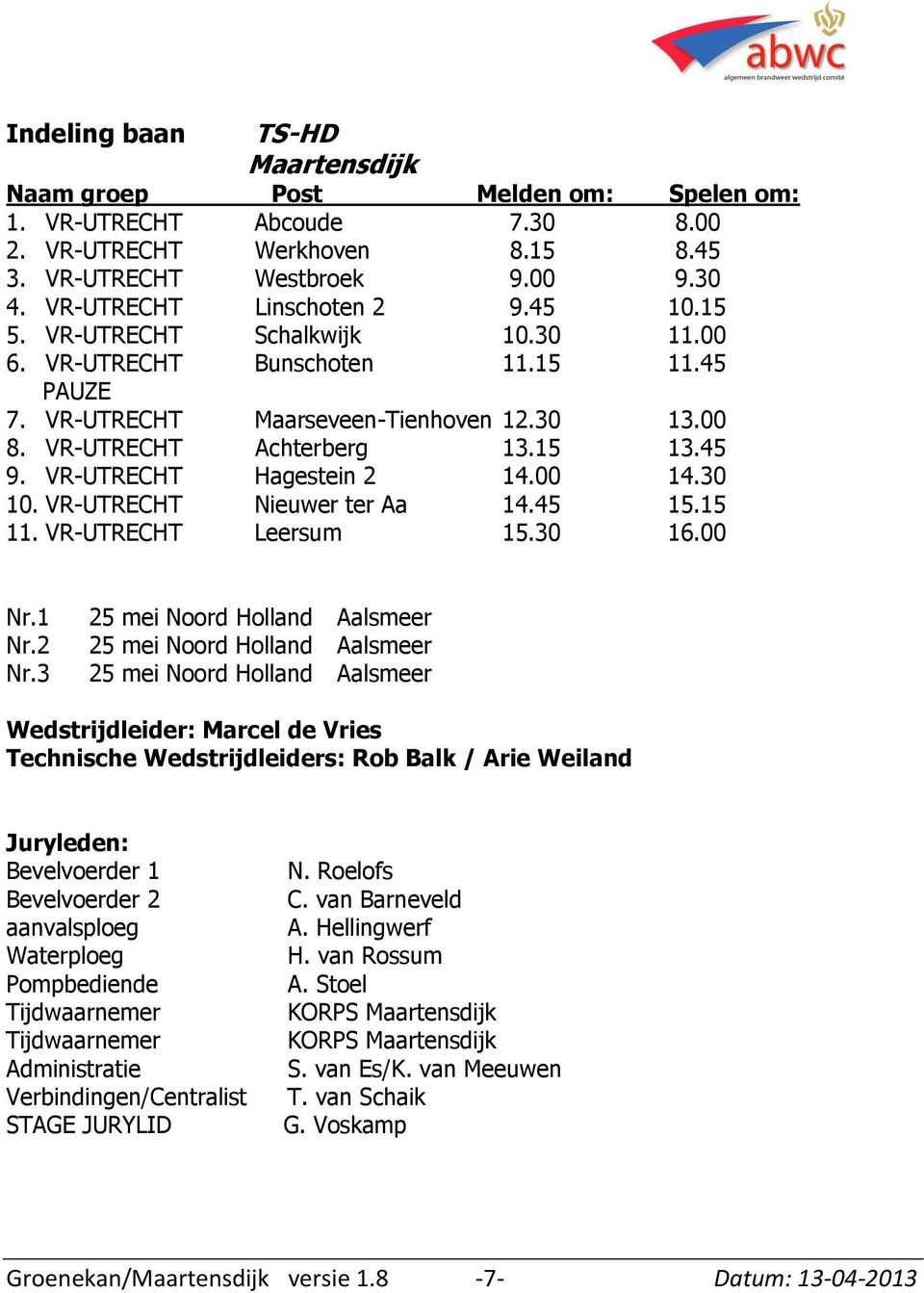 VR-UTRECHT Hagestein 2 14.00 14.30 10. VR-UTRECHT Nieuwer ter Aa 14.45 15.15 11. VR-UTRECHT Leersum 15.30 16.00 Nr.1 Nr.2 Nr.