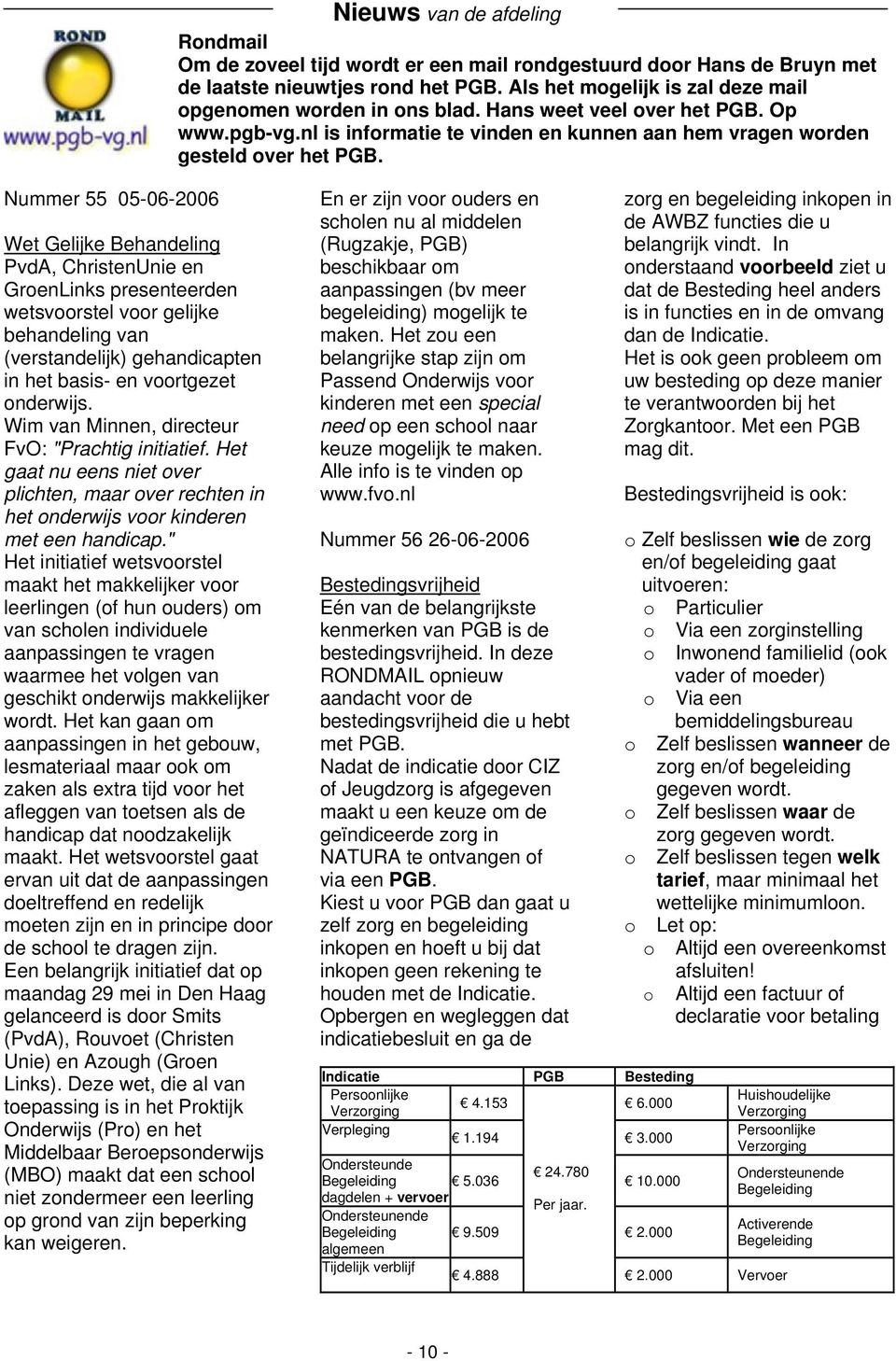Nummer 55 05-06-2006 Wet Gelijke Behandeling PvdA, ChristenUnie en GroenLinks presenteerden wetsvoorstel voor gelijke behandeling van (verstandelijk) gehandicapten in het basis- en voortgezet