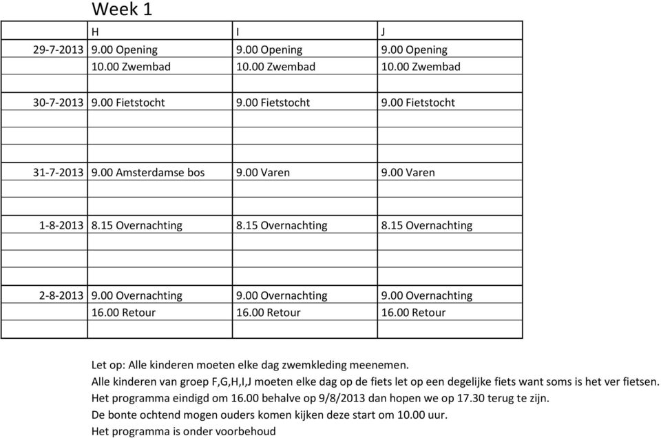 00 Amsterdamse bos 9.00 Varen 9.00 Varen 1-8-2013 8.15 Overnachting 8.