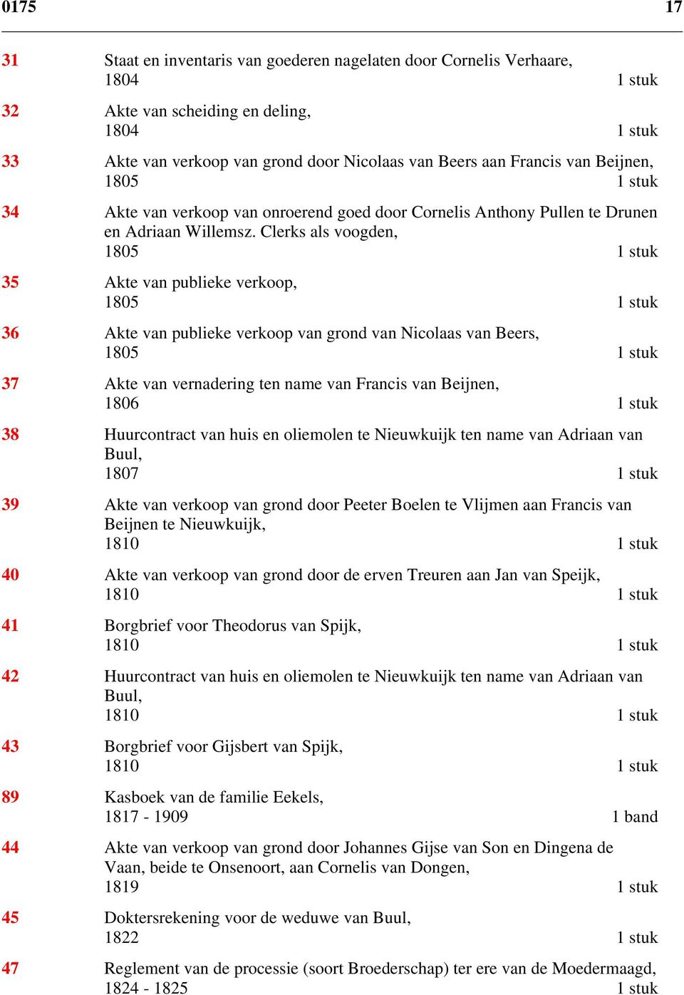 Clerks als voogden, 1805 1 stuk 35 Akte van publieke verkoop, 1805 1 stuk 36 Akte van publieke verkoop van grond van Nicolaas van Beers, 1805 1 stuk 37 Akte van vernadering ten name van Francis van