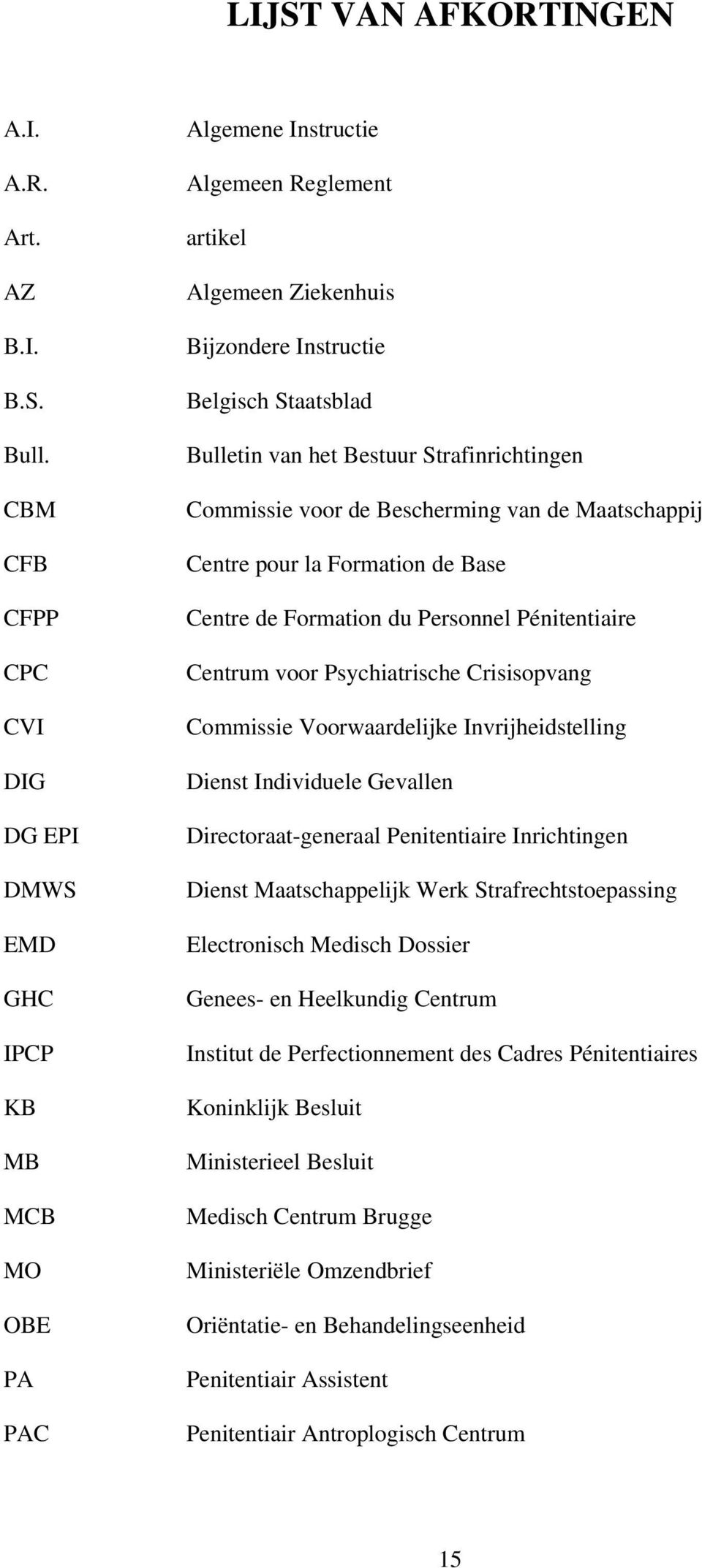 Bestuur Strafinrichtingen Commissie voor de Bescherming van de Maatschappij Centre pour la Formation de Base Centre de Formation du Personnel Pénitentiaire Centrum voor Psychiatrische Crisisopvang