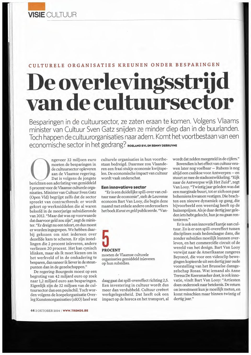 Komt het voortbestaan van een economische sector in het gedrang? ROELANDBVLENBENNVDEBRUVNE Ongeveer 32 miljoen euro moeten de besparingen in de cultuursector opleveren aan de Vlaamse regering.