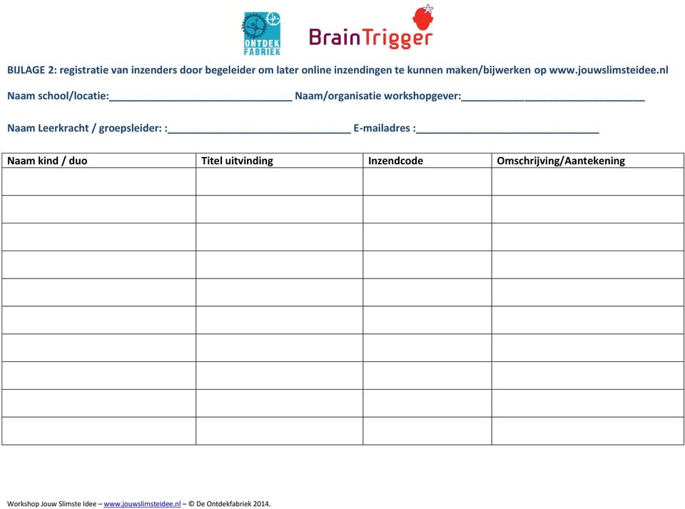 nl Naam school/locatie: Naam/organisatie workshopgever: Naam Leerkracht /