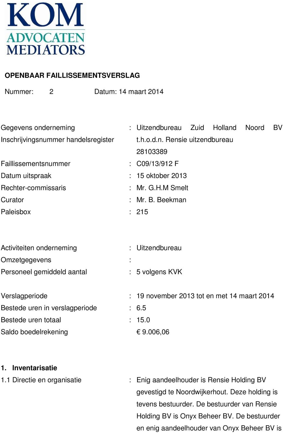 Beekman Paleisbox : 215 Activiteiten onderneming : Uitzendbureau Omzetgegevens : Personeel gemiddeld aantal : 5 volgens KVK Verslagperiode : 19 november 2013 tot en met 14 maart 2014 Bestede uren in