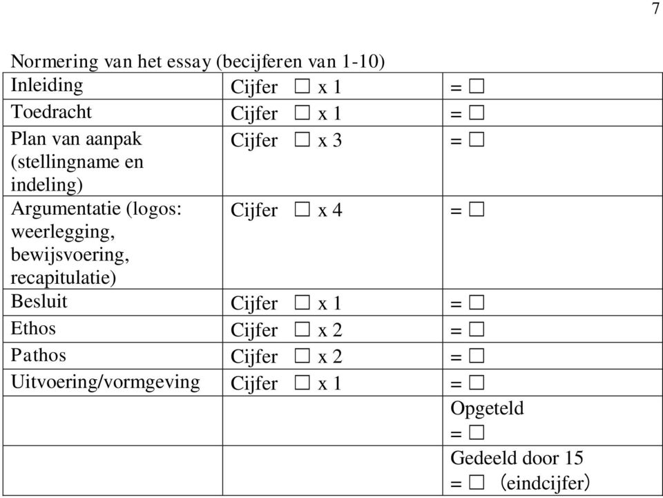 4 = weerlegging, bewijsvoering, recapitulatie) Besluit Cijfer x 1 = Ethos Cijfer x 2 =