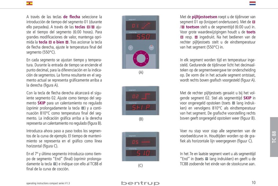 En cada segmento se ajustan tiempo y temperatura. Durante la entrada de tiempo se enciende el punto decimal, para la diferenciación en la indicación de segmentos.