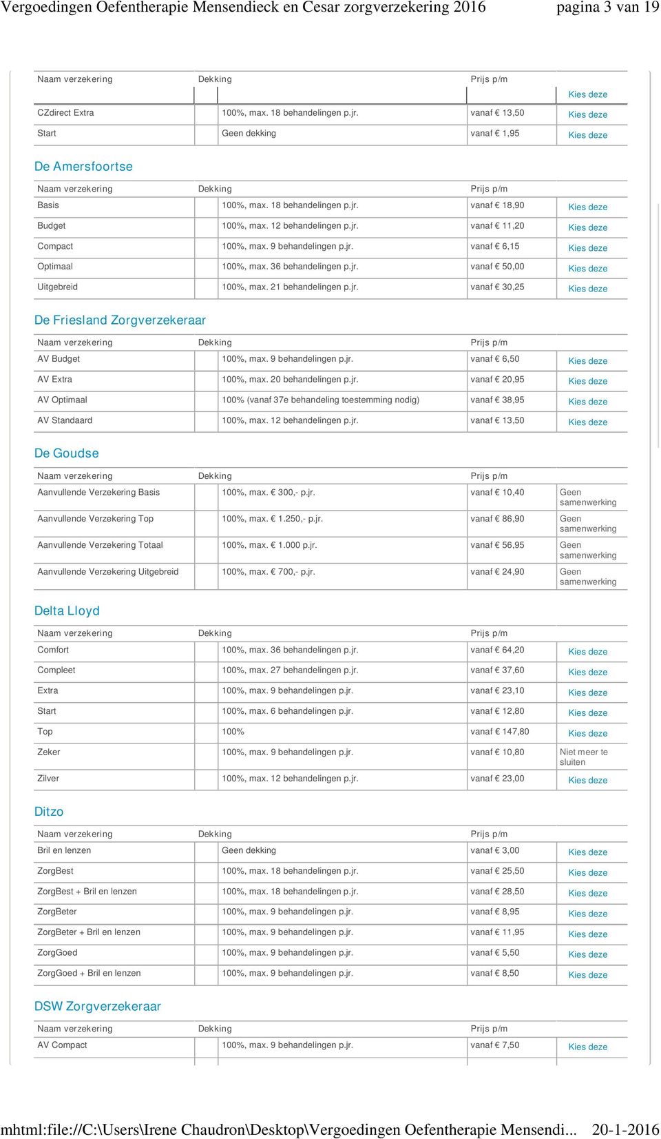 21 behandelingen p.jr. vanaf 30,25 Kies deze De Friesland Zorgverzekeraar AV Budget 100%, max. 9 behandelingen p.jr. vanaf 6,50 Kies deze AV Extra 100%, max. 20 behandelingen p.jr. vanaf 20,95 Kies deze AV Optimaal 100% (vanaf 37e behandeling toestemming nodig) vanaf 38,95 Kies deze AV Standaard 100%, max.