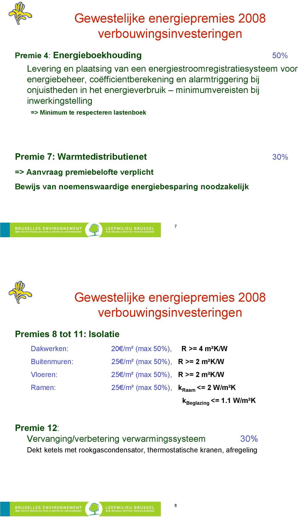 verplicht Bewijs van noemenswaardige energiebesparing noodzakelijk 7 Premies 8 tot 11: Isolatie Gewestelijke energiepremies 2008 verbouwingsinvesteringen Dakwerken: Buitenmuren: Vloeren: Ramen: 20!