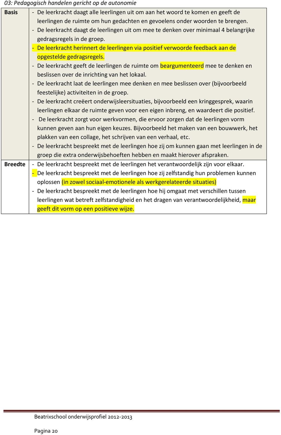 - De leerkracht herinnert de leerlingen via positief verwoorde feedback aan de opgestelde gedragsregels.