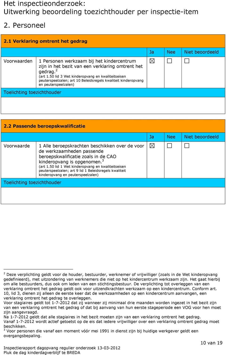 50 lid 3 Wet kinderopvang en kwaliteitseisen peuterspeelzalen; art 10 Beleidsregels kwaliteit kinderopvang en peuterspeelzalen) 2.