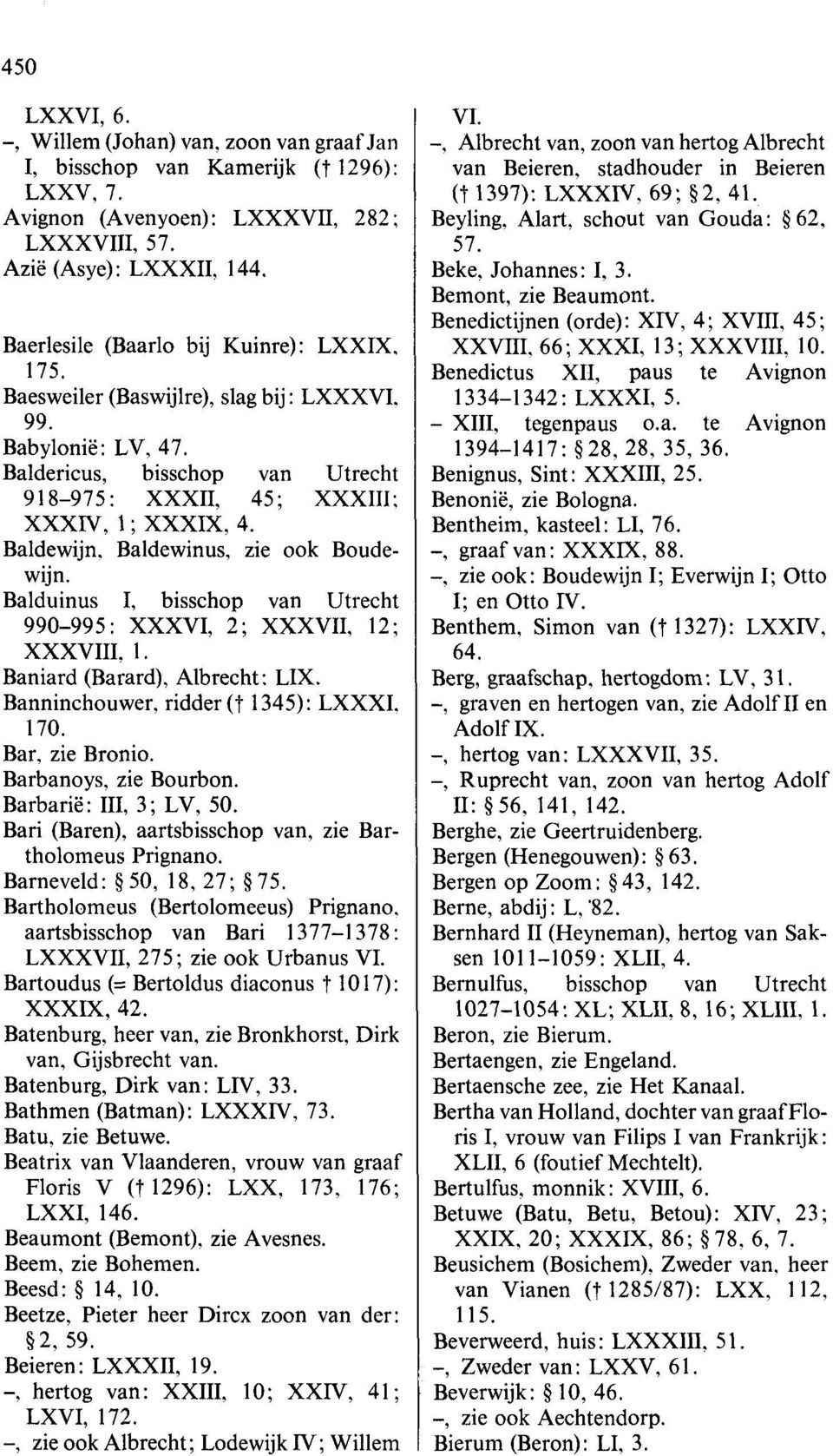 Baldewijn. Baldewinus. zie ook Boudewijn. Balduinus I, bisschop van Utrecht 990-995: XXXVI, 2; XXXVII, 12; XXXVIII. 1 * Baniard (Barard), Albrecht: LIX. Banninchouwer, ridder (t 1 345) : LXXXI. 170.