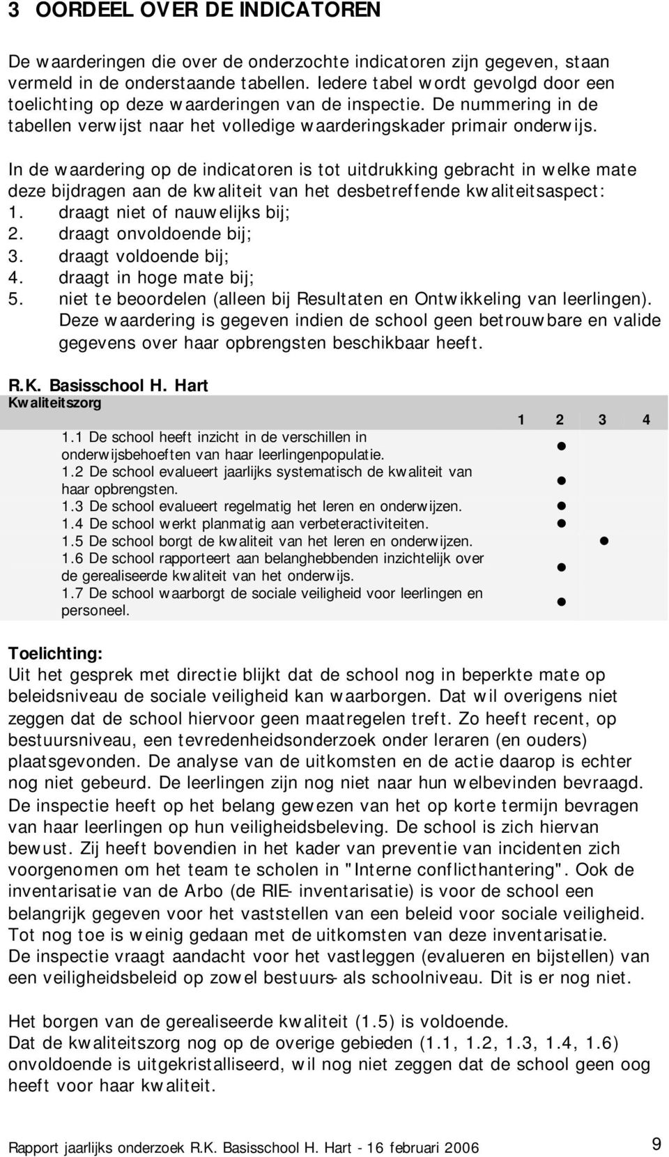 In de waardering op de indicatoren is tot uitdrukking gebracht in welke mate deze bijdragen aan de kwaliteit van het desbetreffende kwaliteitsaspect: 1. draagt niet of nauwelijks bij; 2.