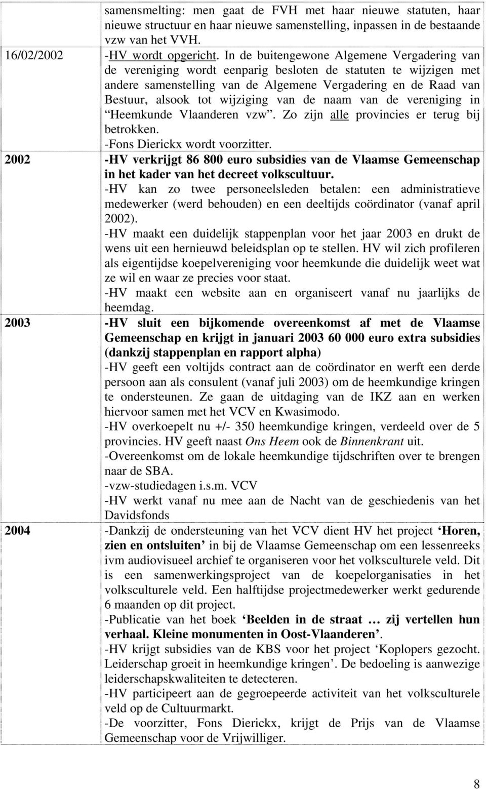 wijziging van de naam van de vereniging in Heemkunde Vlaanderen vzw. Zo zijn alle provincies er terug bij betrokken. -Fons Dierickx wordt voorzitter.