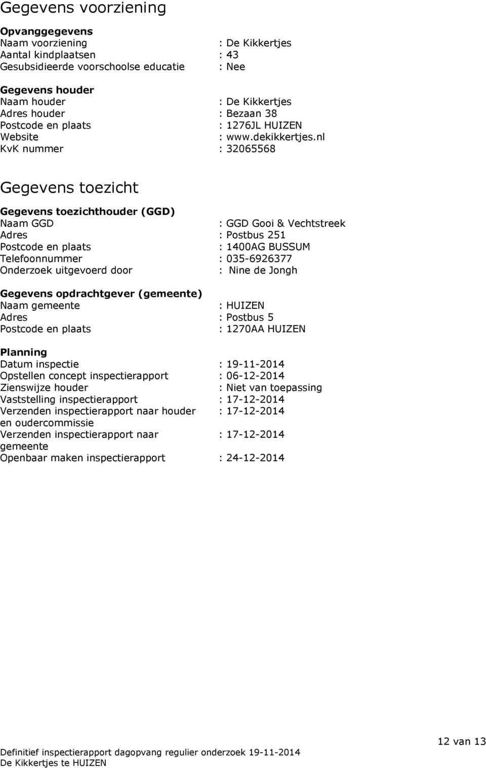 nl KvK nummer : 32065568 Gegevens toezicht Gegevens toezichthouder (GGD) Naam GGD : GGD Gooi & Vechtstreek Adres : Postbus 251 Postcode en plaats : 1400AG BUSSUM Telefoonnummer : 035-6926377