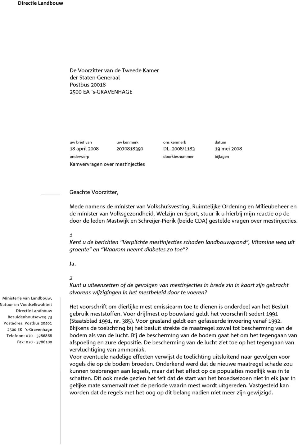 minister van Volksgezondheid, Welzijn en Sport, stuur ik u hierbij mijn reactie op de door de leden Mastwijk en Schreijer-Pierik (beide CDA) gestelde vragen over mestinjecties.