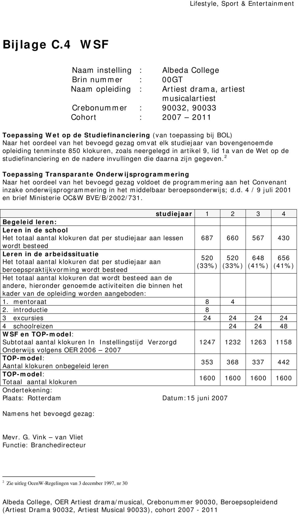 (van toepassing bij BOL) Naar het oordeel van het bevoegd gezag omvat elk studiejaar van bovengenoemde opleiding tenminste 850 klokuren, zoals neergelegd in artikel 9, lid 1a van de Wet op de