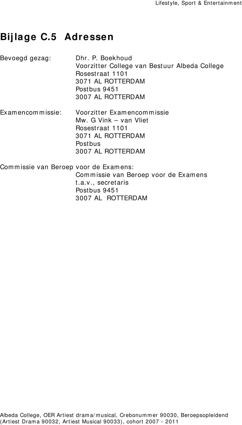 3007 AL ROTTERDAM Voorzitter Examencommissie Mw.