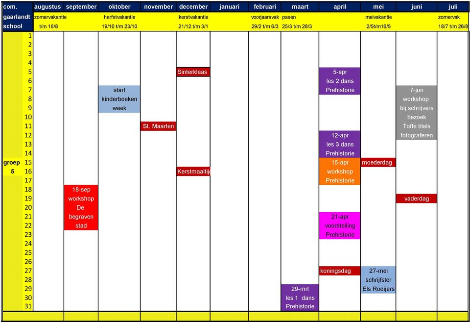 t/m 3/1 29/2 t/m 6/3 25/3 t/m 28/3 2/5t/m16/5 18/7 t/m 26/8 1 2 3 4 5 Sinterklaas 5-apr 6 les 2 dans 7 start Prehistorie 7-jun 8 kinderboeken workshop 9 week bij schrijvers 10 bezoek 11