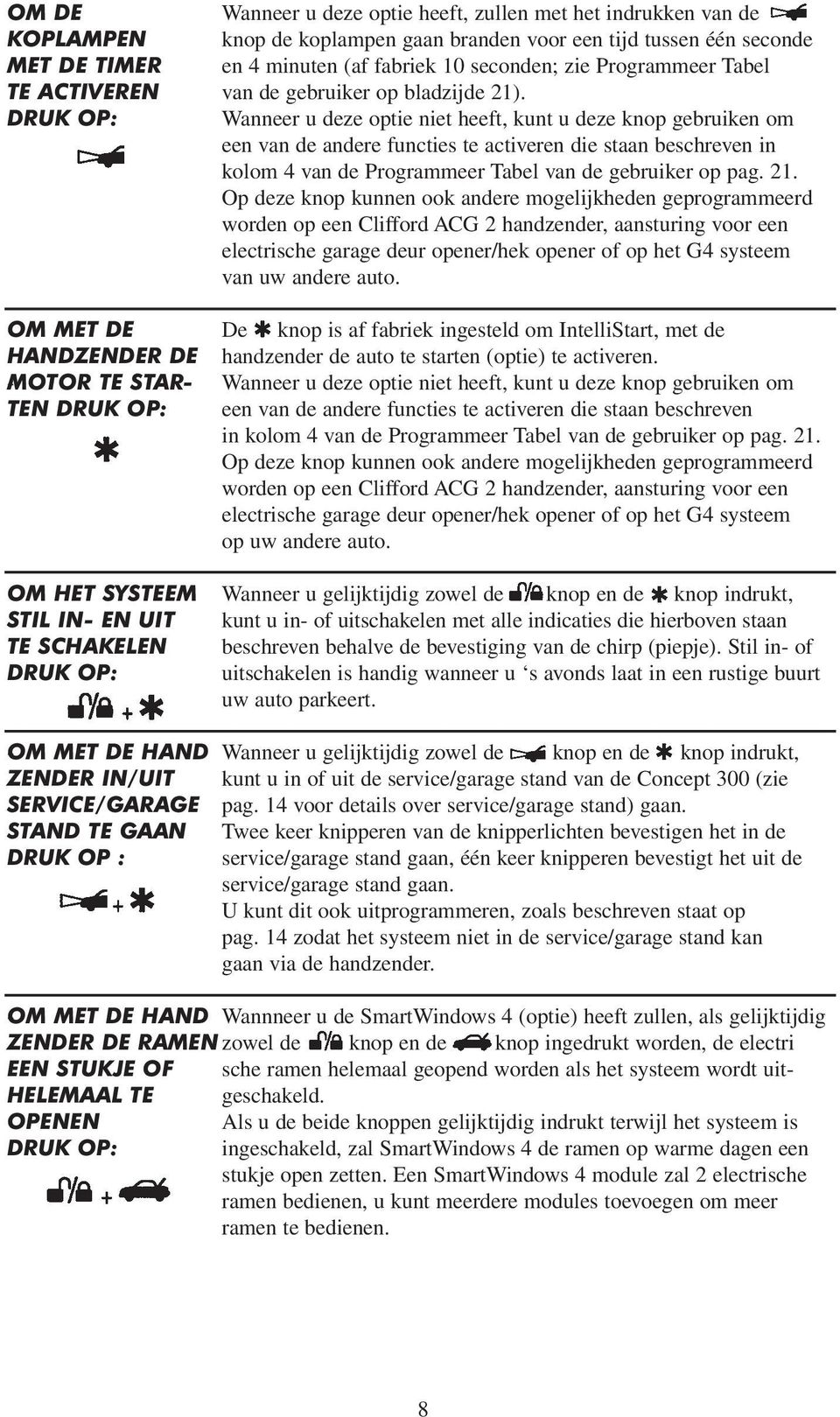 Wanneer u deze optie niet heeft, kunt u deze knop gebruiken om een van de andere functies te activeren die staan beschreven in kolom 4 van de Programmeer Tabel van de gebruiker op pag. 21.