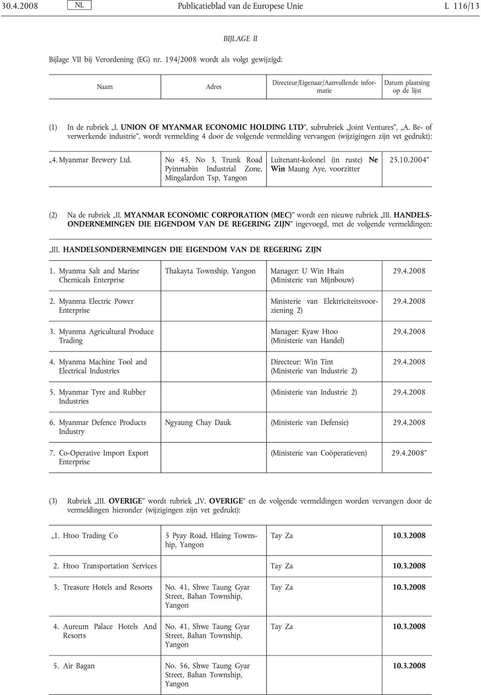 UNION OF YANAR ECONOIC HOLDING LTD, subrubriek Joint Ventures, A. Be- of verwerkende industrie, wordt vermelding 4 door de volgende vermelding vervangen (wijzigingen zijn vet gedrukt): 4.