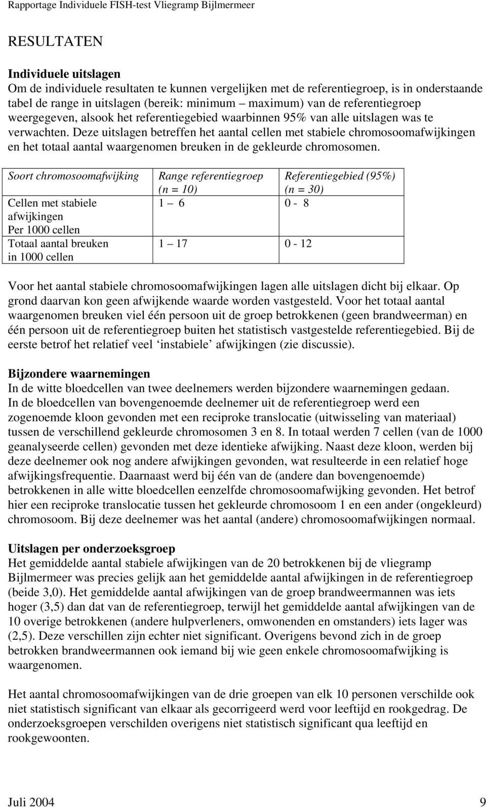 Deze uitslagen betreffen het aantal cellen met stabiele chromosoomafwijkingen en het totaal aantal waargenomen breuken in de gekleurde chromosomen.