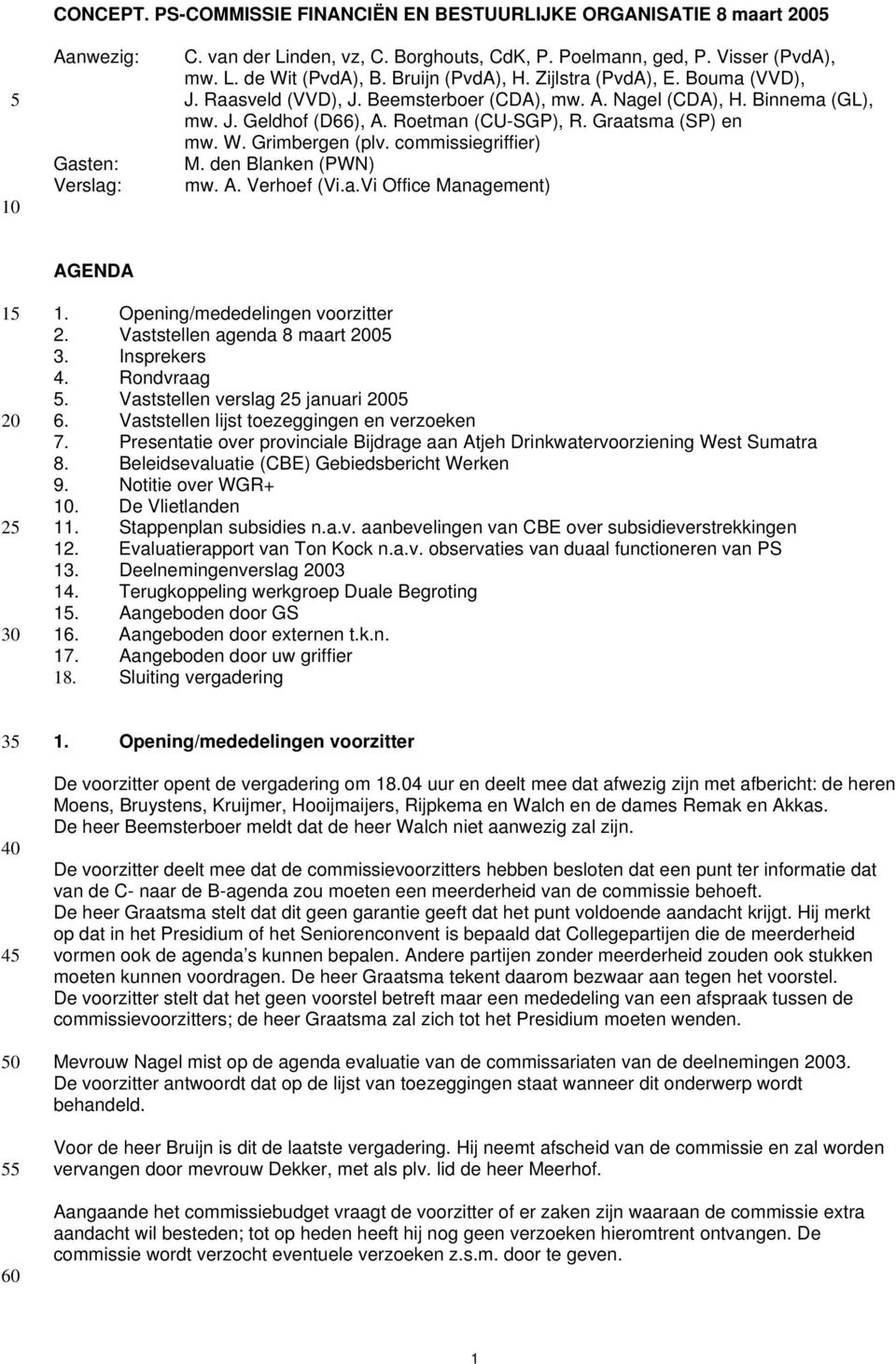 Grimbergen (plv. commissiegriffier) M. den Blanken (PWN) mw. A. Verhoef (Vi.a.Vi Office Management) AGENDA 15 20 25 30 1. Opening/mededelingen voorzitter 2. Vaststellen agenda 8 maart 2005 3.