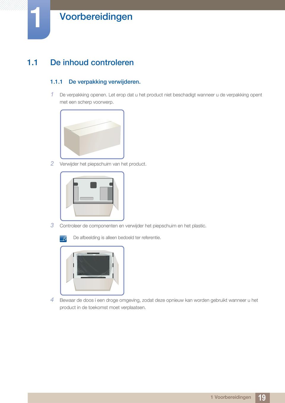 2 Verwijder het piepschuim van het product. 3 Controleer de componenten en verwijder het piepschuim en het plastic.