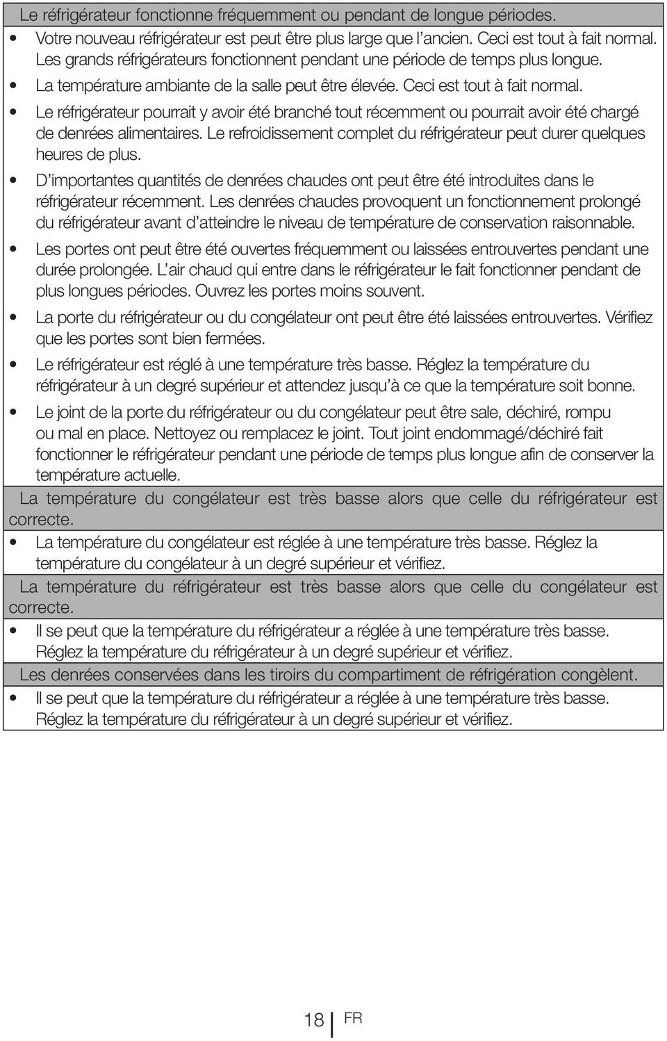 Le réfrigérateur pourrait y avoir été branché tout récemment ou pourrait avoir été chargé de denrées alimentaires. Le refroidissement complet du réfrigérateur peut durer quelques heures de plus.