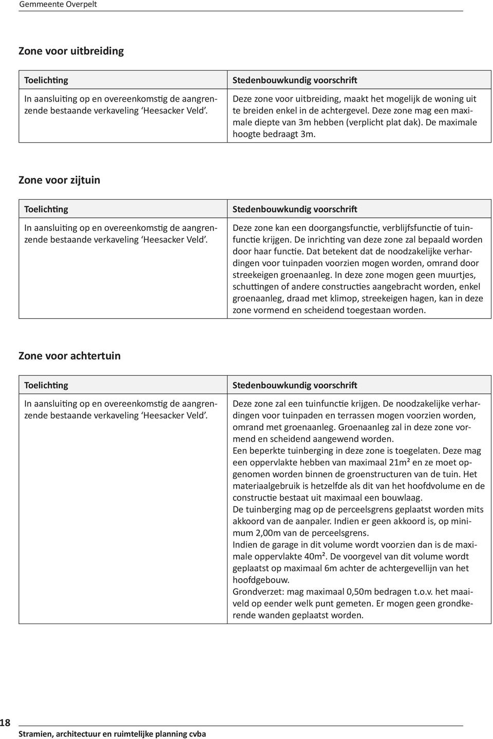 De inrichting van deze zone zal bepaald worden door haar functie. Dat betekent dat de noodzakelijke verhardingen voor tuinpaden voorzien mogen worden, omrand door streekeigen groenaanleg.