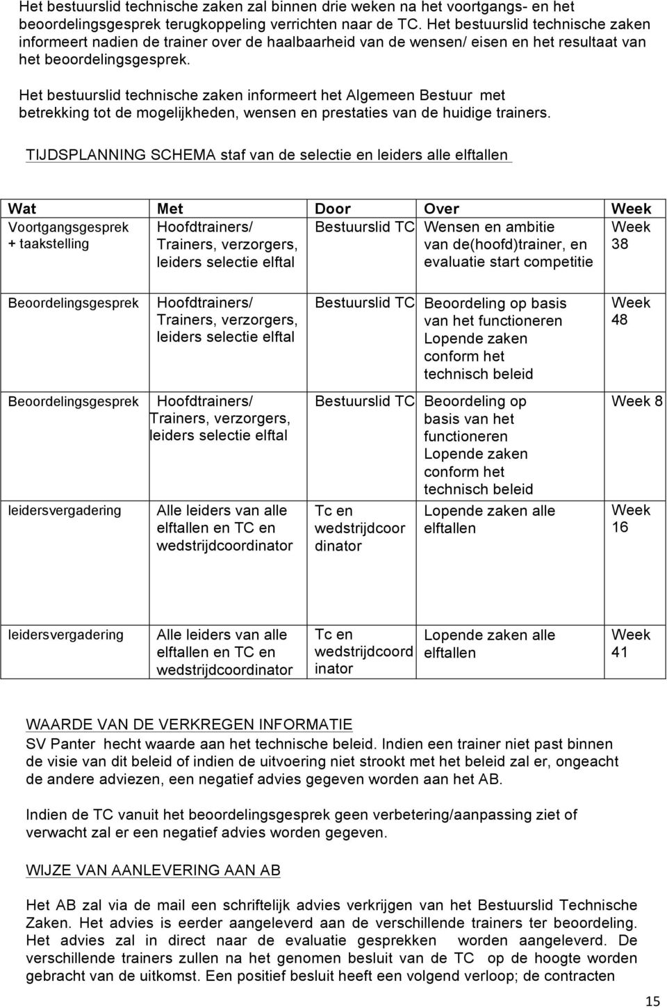 Het bestuurslid technische zaken informeert het Algemeen Bestuur met betrekking tot de mogelijkheden, wensen en prestaties van de huidige trainers.