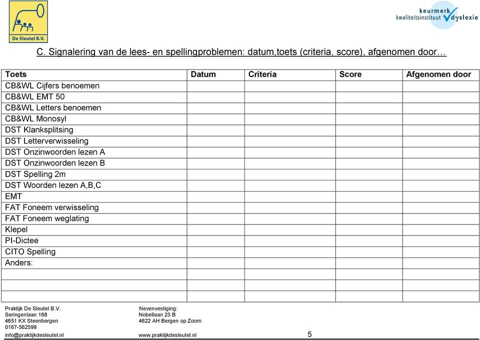 Letterverwisseling DST Onzinwoorden lezen A DST Onzinwoorden lezen B DST Spelling 2m DST Woorden lezen A,B,C EMT FAT