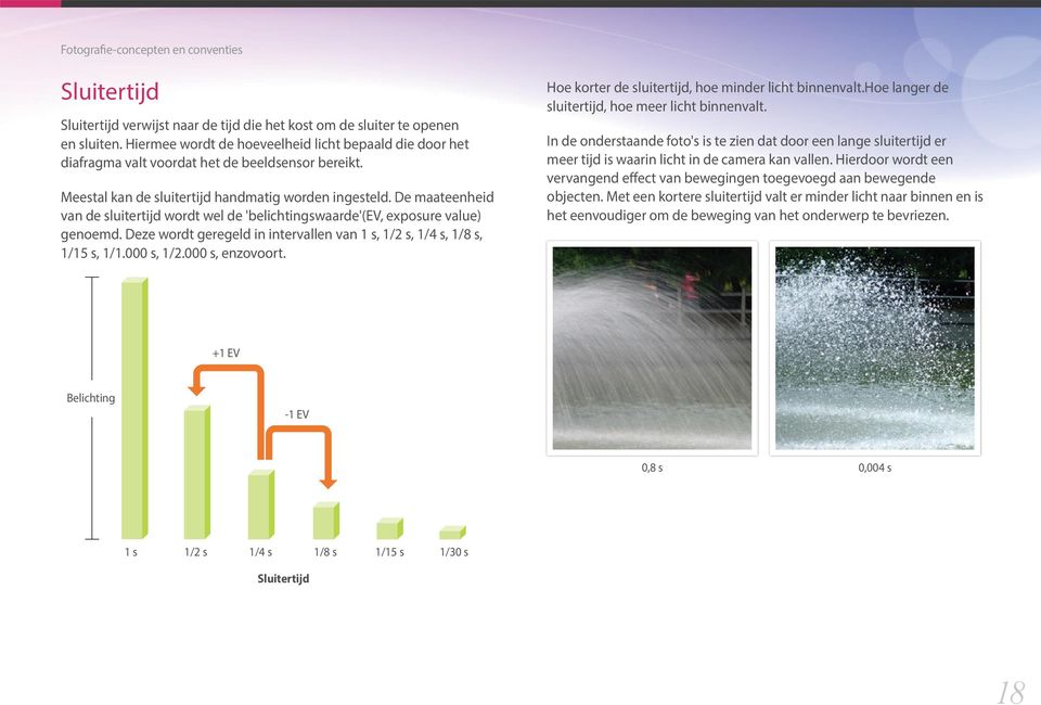 De maateenheid van de sluitertijd wordt wel de 'belichtingswaarde'(ev, exposure value) genoemd. Deze wordt geregeld in intervallen van 1 s, 1/2 s, 1/4 s, 1/8 s, 1/15 s, 1/1.000 s, 1/2.