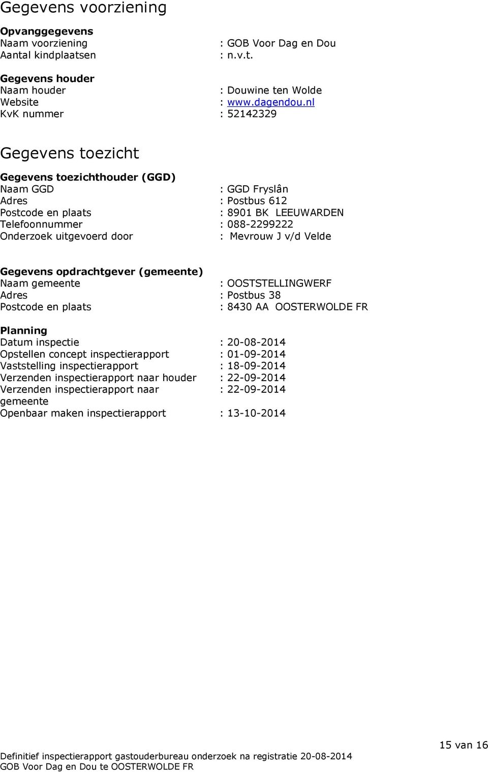 uitgevoerd door : Mevrouw J v/d Velde Gegevens opdrachtgever (gemeente) Naam gemeente : OOSTSTELLINGWERF Adres : Postbus 38 Postcode en plaats : 8430 AA OOSTERWOLDE FR Planning Datum inspectie :