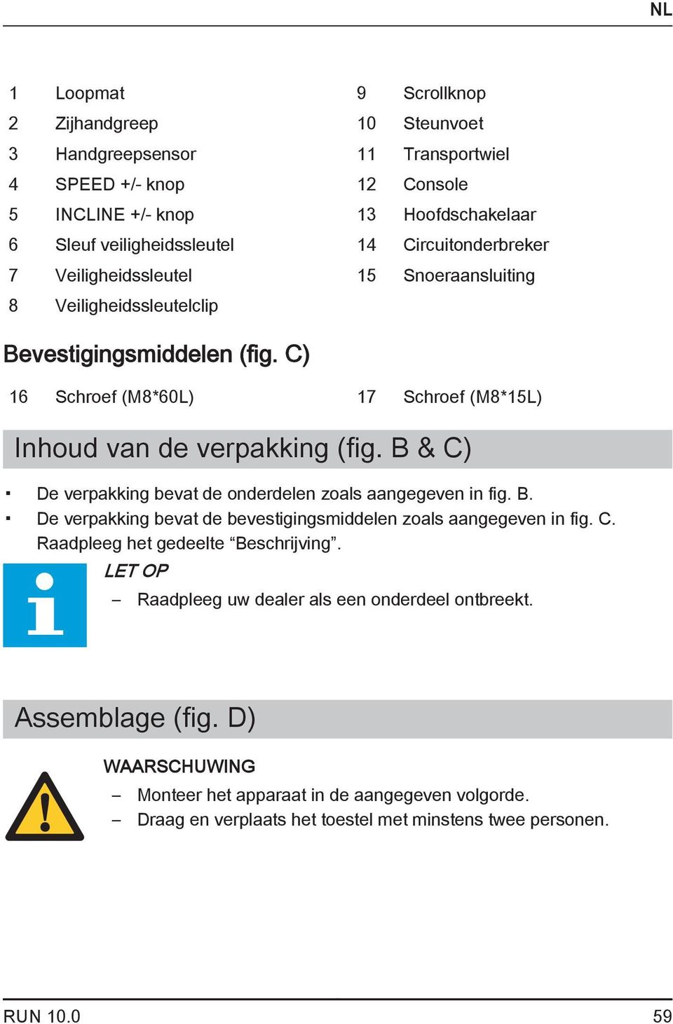 B & C) De verpakking bevat de onderdelen zoals aangegeven in fig. B. De verpakking bevat de bevestigingsmiddelen zoals aangegeven in fig. C. Raadpleeg het gedeelte Beschrijving.