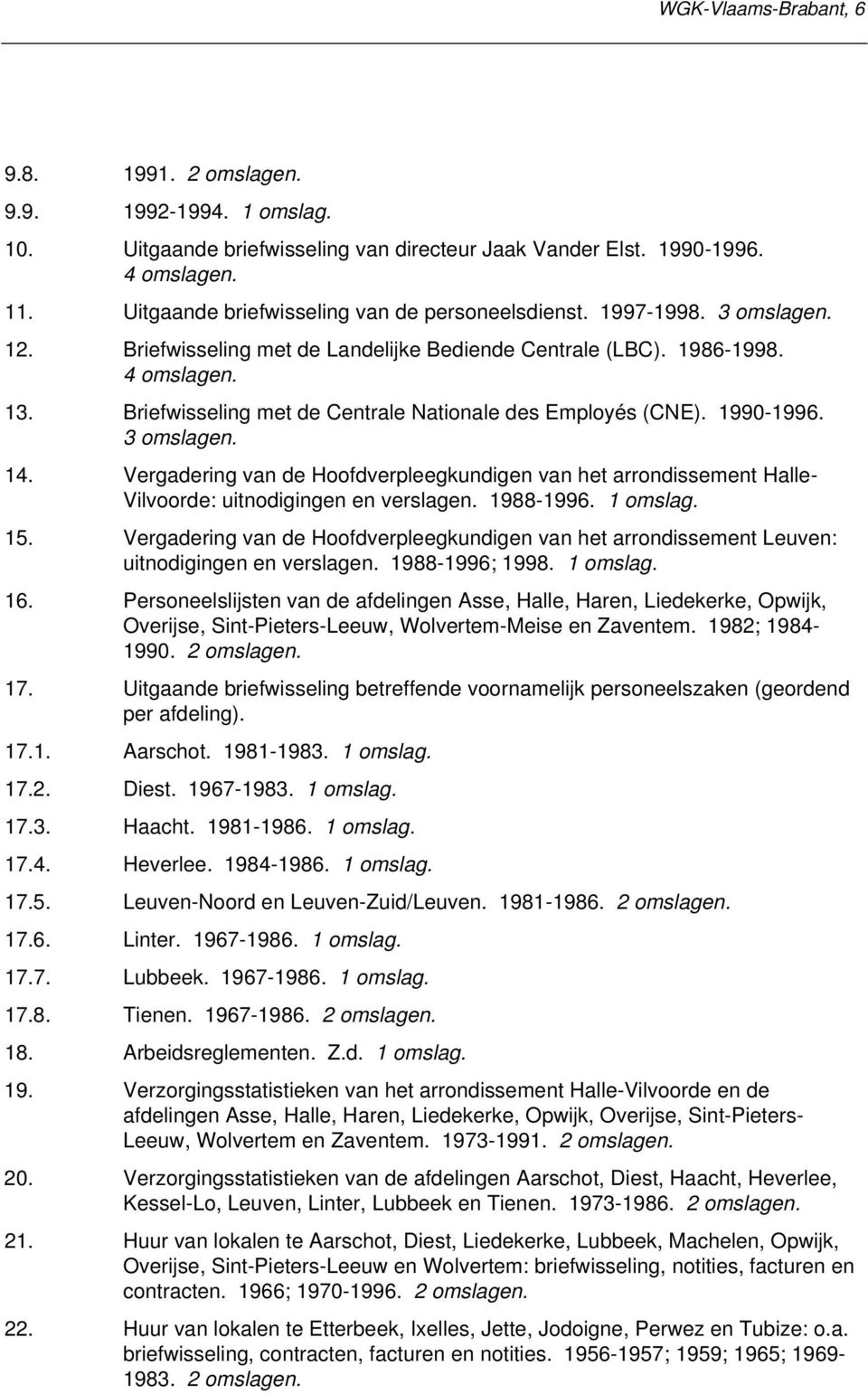 Briefwisseling met de Centrale Nationale des Employés (CNE). 1990-1996. 3 omslagen. 14. Vergadering van de Hoofdverpleegkundigen van het arrondissement Halle- Vilvoorde: uitnodigingen en verslagen.