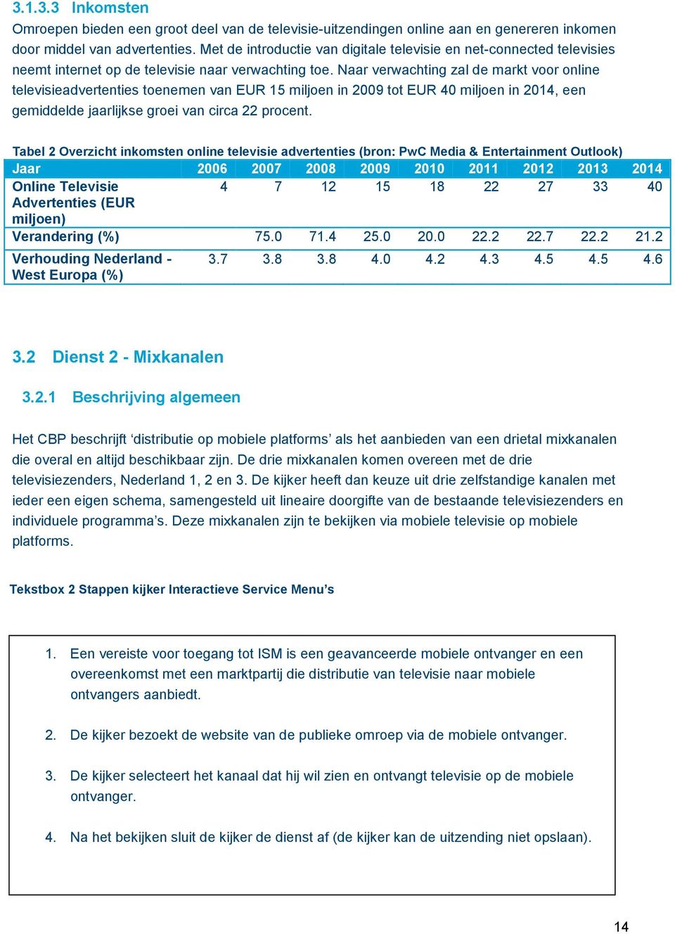 Naar verwachting zal de markt voor online televisieadvertenties toenemen van EUR 15 miljoen in 2009 tot EUR 40 miljoen in 2014, een gemiddelde jaarlijkse groei van circa 22 procent.