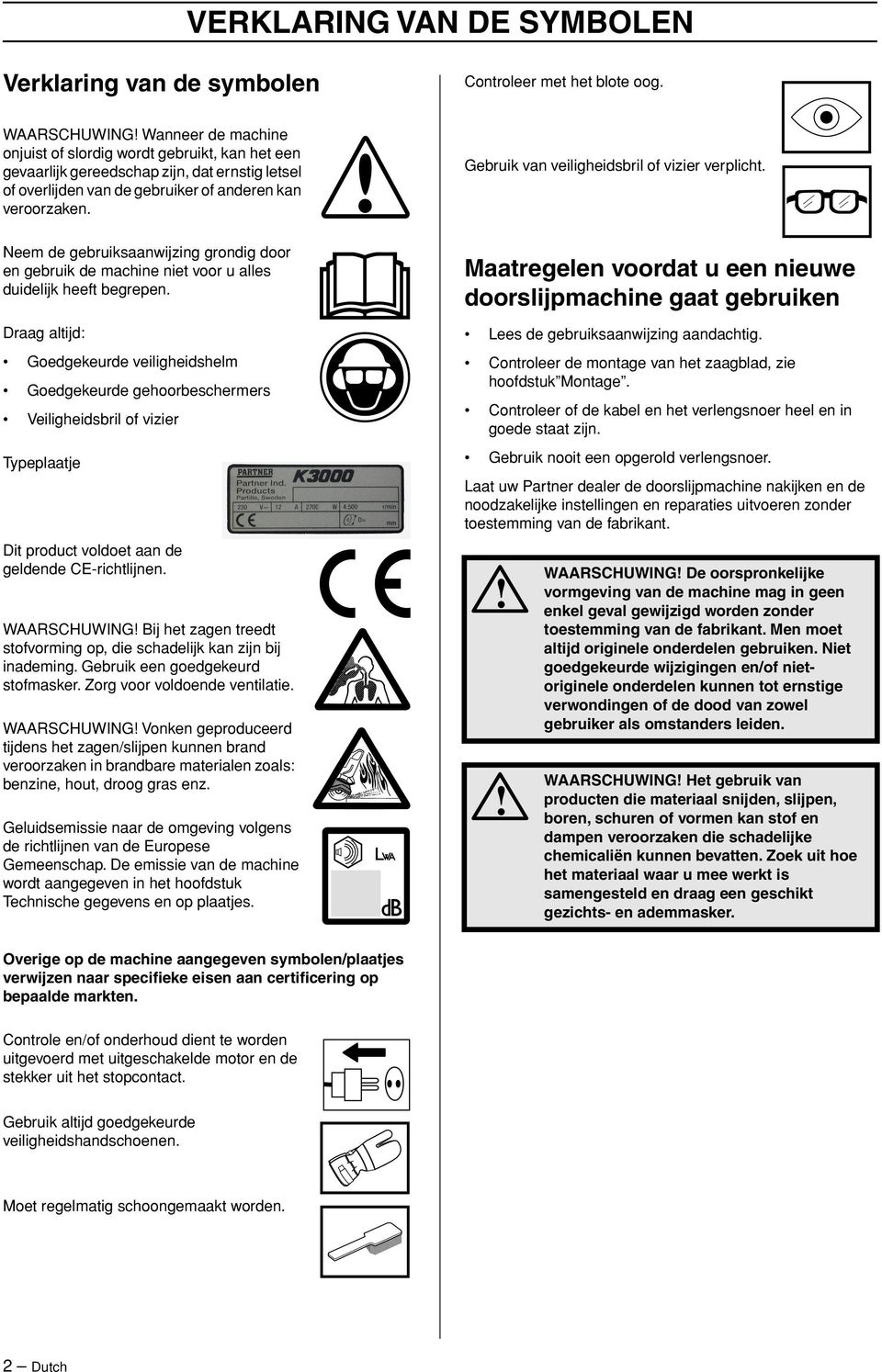 Gebruik van veiligheidsbril of vizier verplicht. Neem de gebruiksaanwijzing grondig door en gebruik de machine niet voor u alles duidelijk heeft begrepen.