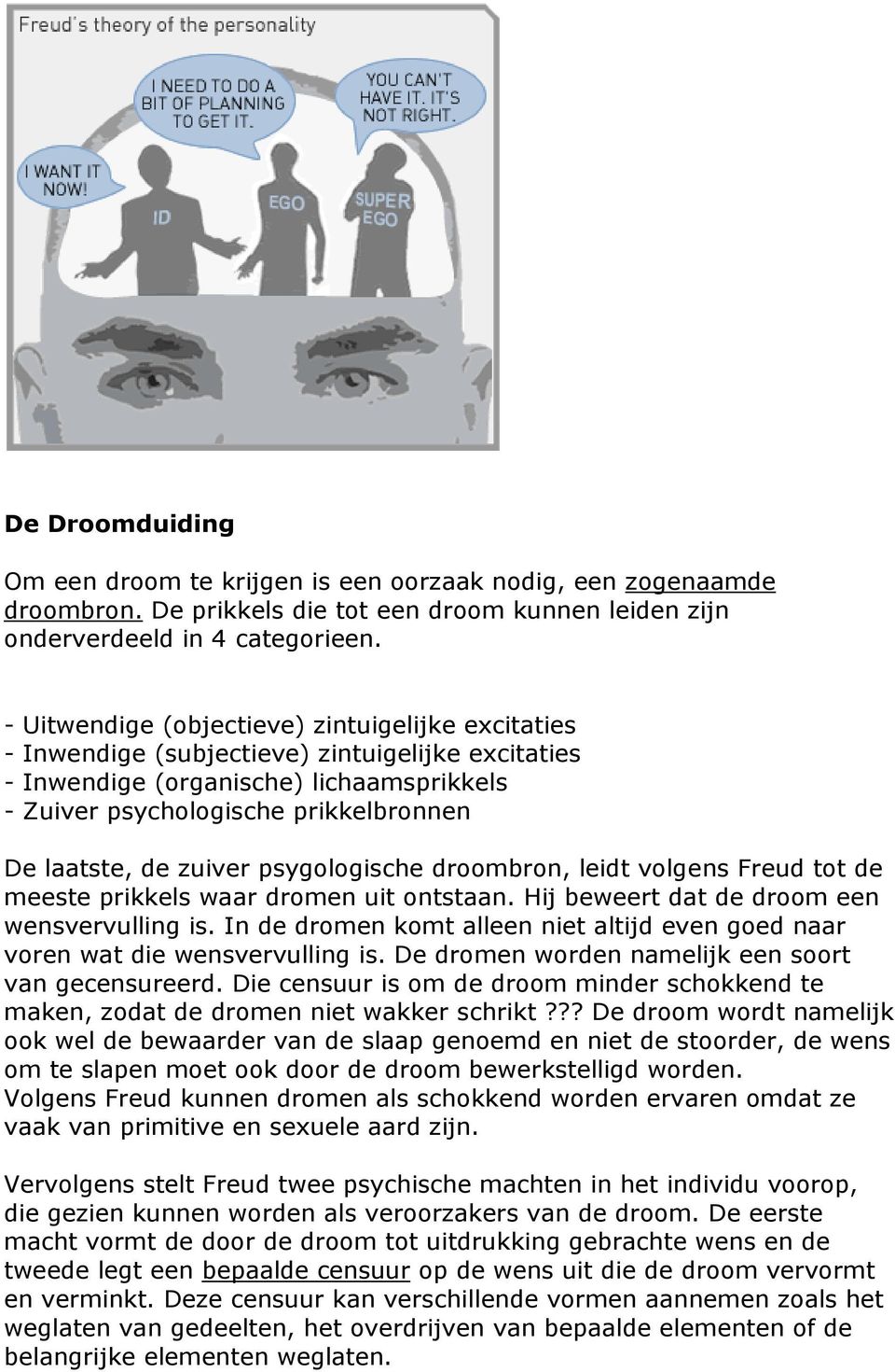 zuiver psygologische droombron, leidt volgens Freud tot de meeste prikkels waar dromen uit ontstaan. Hij beweert dat de droom een wensvervulling is.