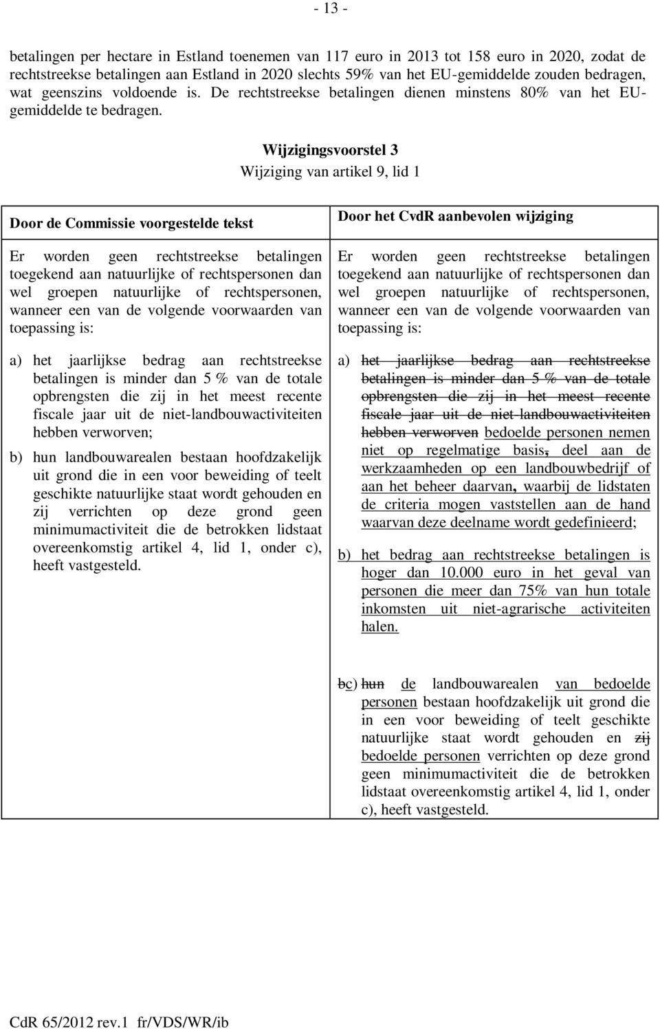 Wijzigingsvoorstel 3 Wijziging van artikel 9, lid 1 Er worden geen rechtstreekse betalingen toegekend aan natuurlijke of rechtspersonen dan wel groepen natuurlijke of rechtspersonen, wanneer een van