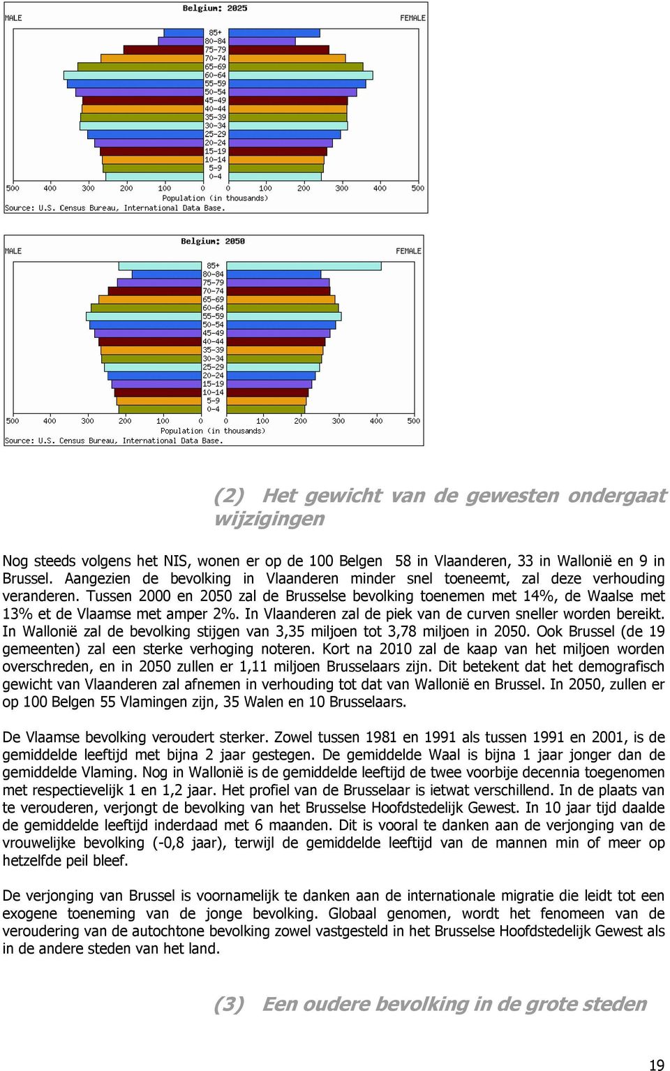 Tussen 2000 en 2050 zal de Brusselse bevolking toenemen met 14%, de Waalse met 13% et de Vlaamse met amper 2%. In Vlaanderen zal de piek van de curven sneller worden bereikt.