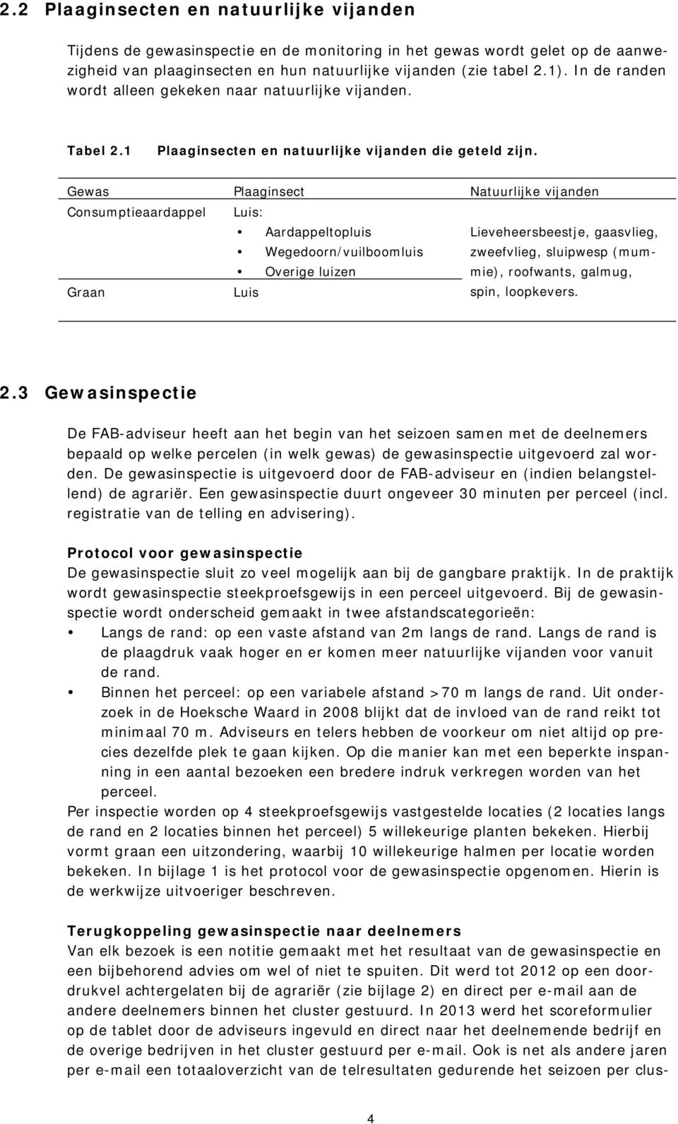 Gewas Plaaginsect Natuurlijke vijanden Consumptieaardappel Luis: Aardappeltopluis Lieveheersbeestje, gaasvlieg, Wegedoorn/vuilboomluis zweefvlieg, sluipwesp (mummie), Overige luizen roofwants,