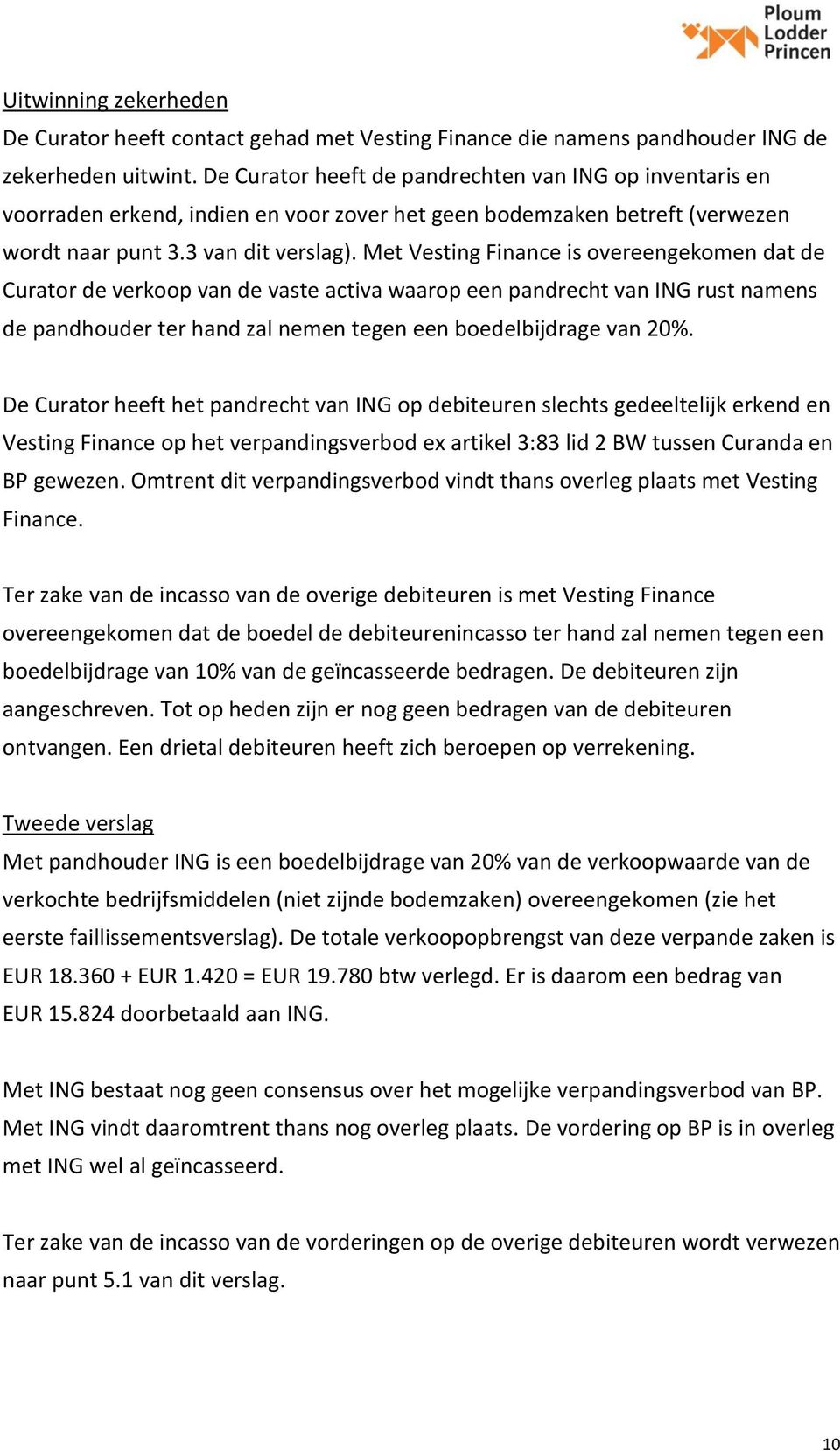 Met Vesting Finance is overeengekomen dat de Curator de verkoop van de vaste activa waarop een pandrecht van ING rust namens de pandhouder ter hand zal nemen tegen een boedelbijdrage van 20%.