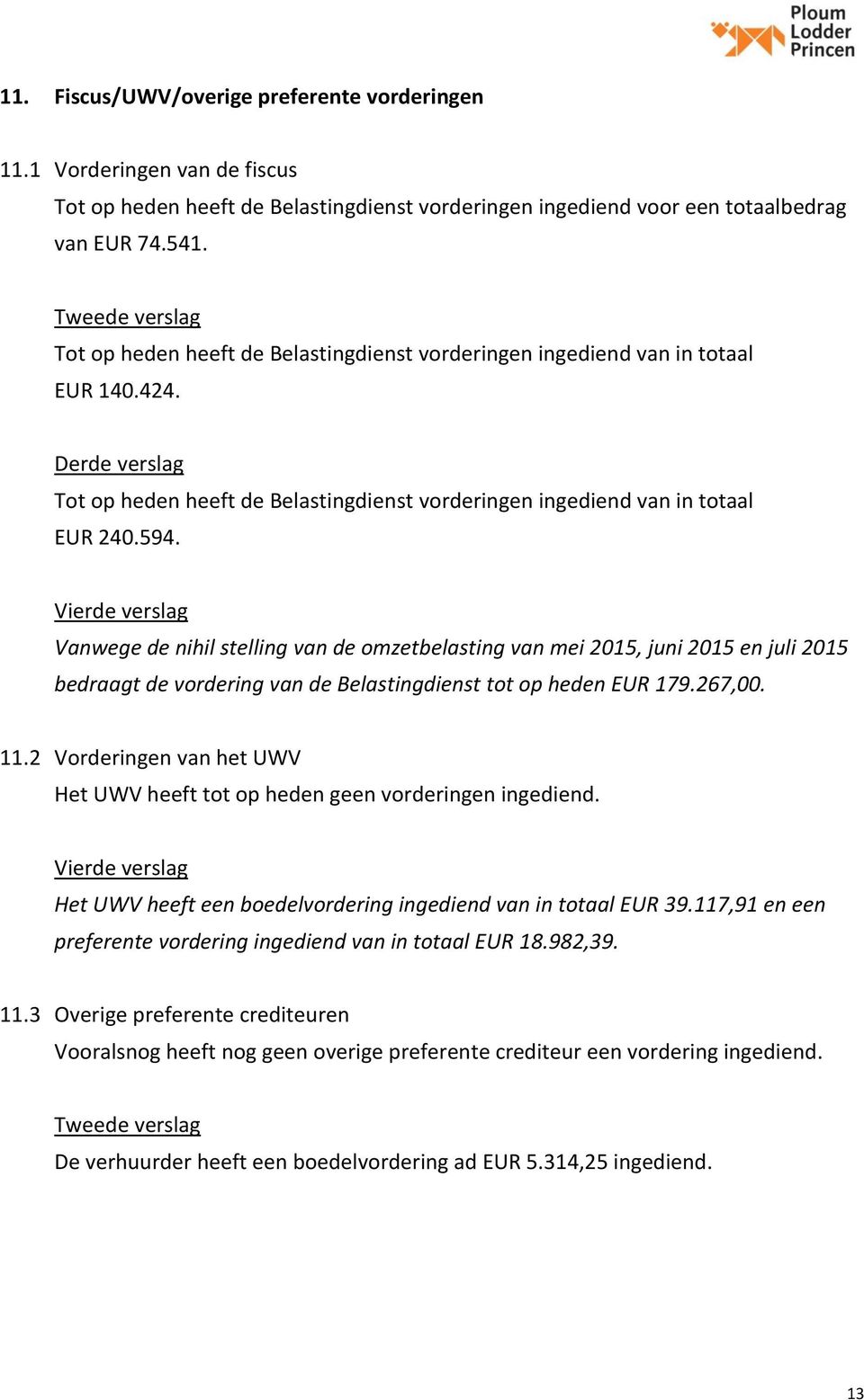 Vierde verslag Vanwege de nihil stelling van de omzetbelasting van mei 2015, juni 2015 en juli 2015 bedraagt de vordering van de Belastingdienst tot op heden EUR 179.267,00. 11.