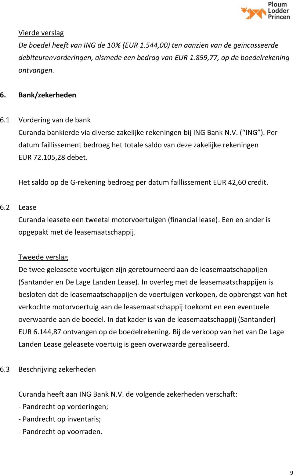 Per datum faillissement bedroeg het totale saldo van deze zakelijke rekeningen EUR 72.105,28 debet. Het saldo op de G-rekening bedroeg per datum faillissement EUR 42,60 credit. 6.