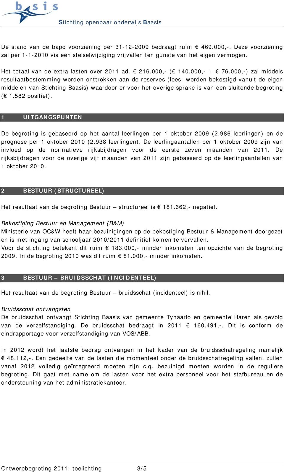 000,-) zal middels resultaatbestemming worden onttrokken aan de reserves (lees: worden bekostigd vanuit de eigen middelen van Stichting Baasis) waardoor er voor het overige sprake is van een