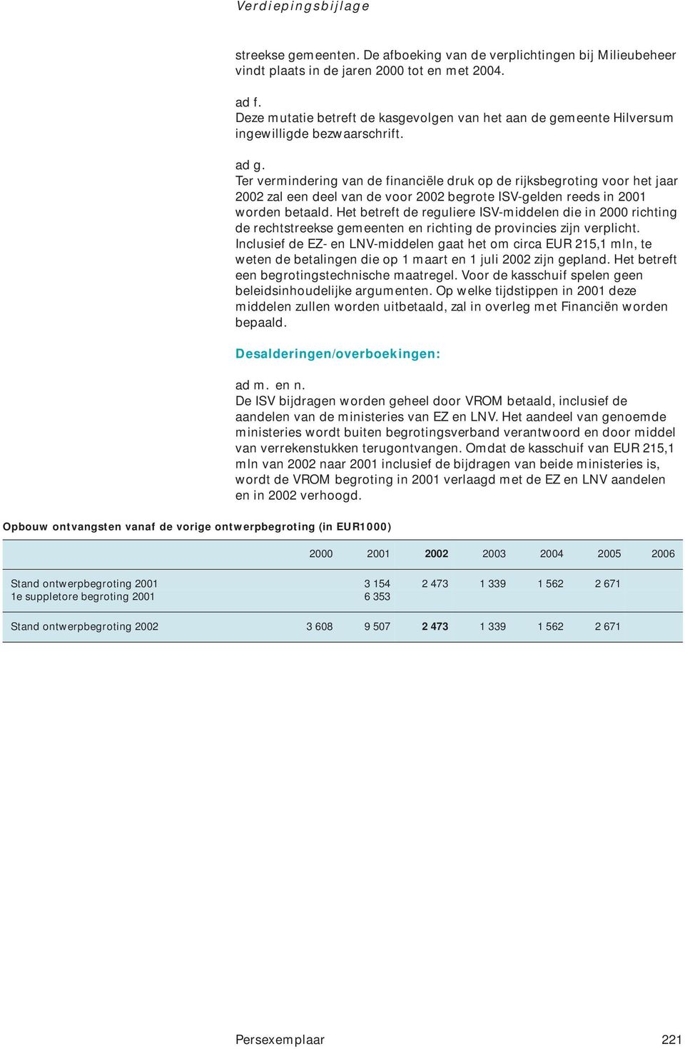 Ter vermindering van de financiële druk op de rijksbegroting voor het jaar 2002 zal een deel van de voor 2002 begrote ISV-gelden reeds in 2001 worden betaald.