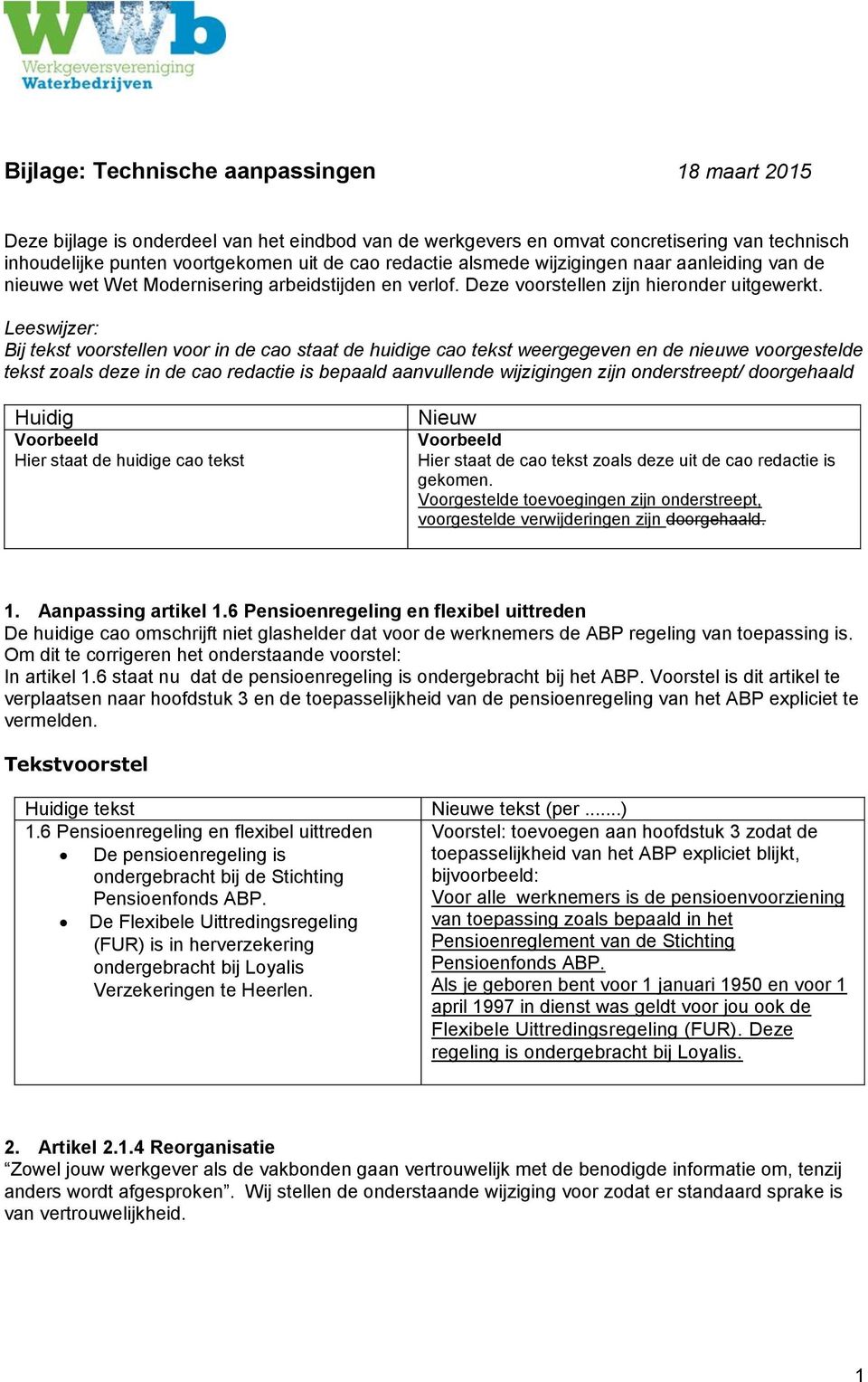 Leeswijzer: Bij tekst voorstellen voor in de cao staat de huidige cao tekst weergegeven en de nieuwe voorgestelde tekst zoals deze in de cao redactie is bepaald aanvullende wijzigingen zijn